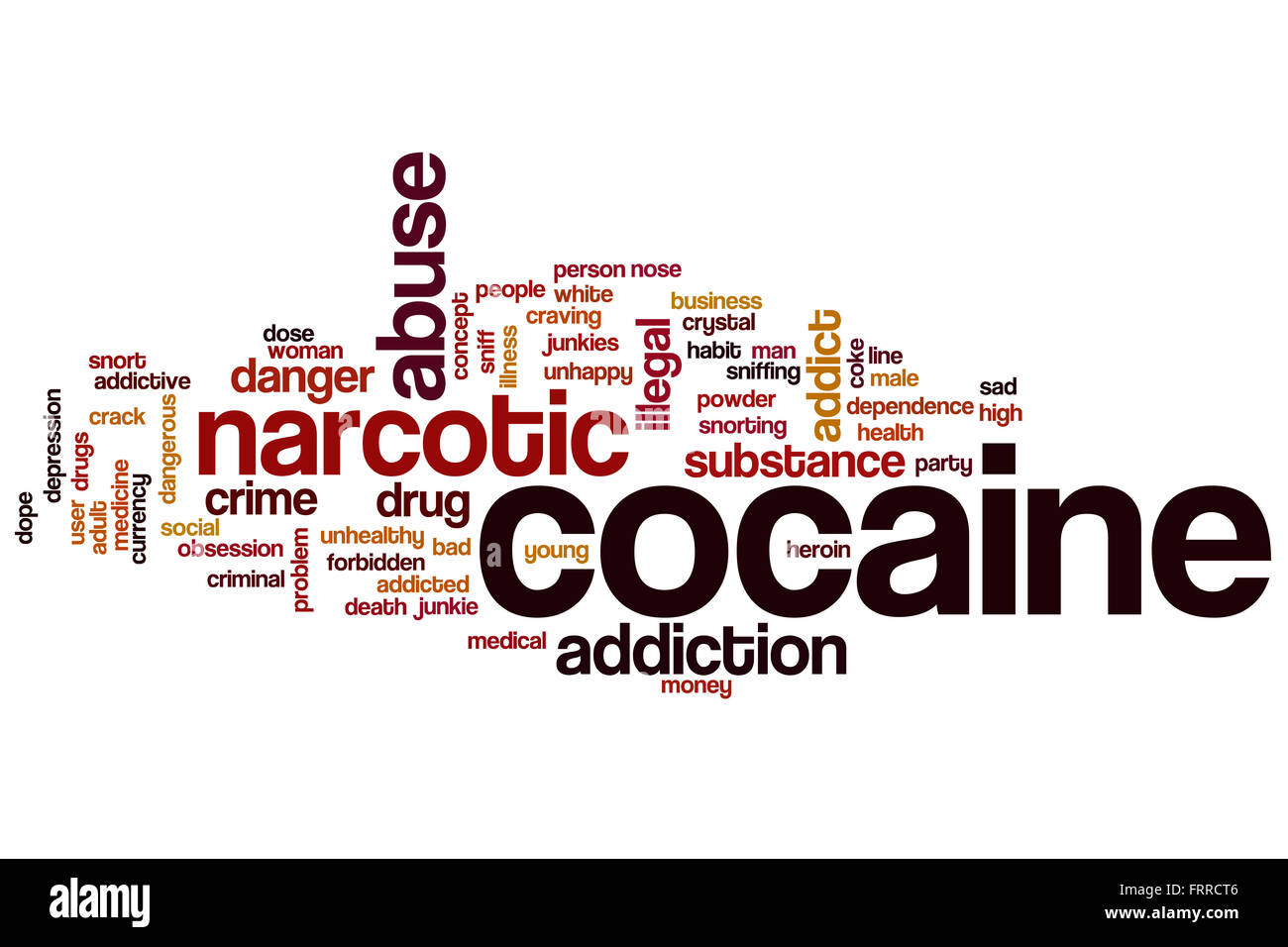 La cocaina parola concetto cloud con abuso di stupefacenti tag correlati Foto Stock