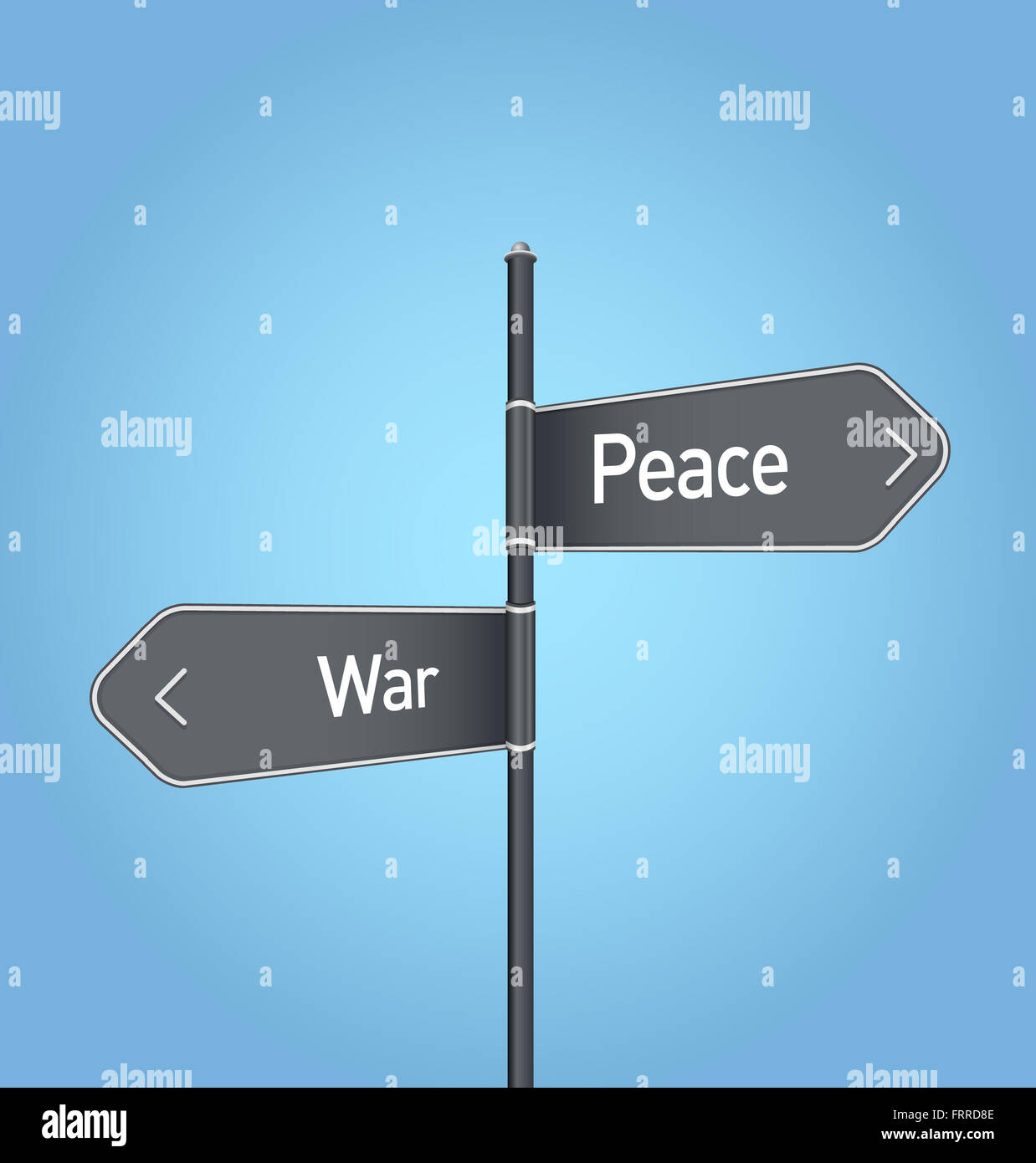 Pace guerra vs scelta concetto cartello stradale su sfondo blu Foto Stock