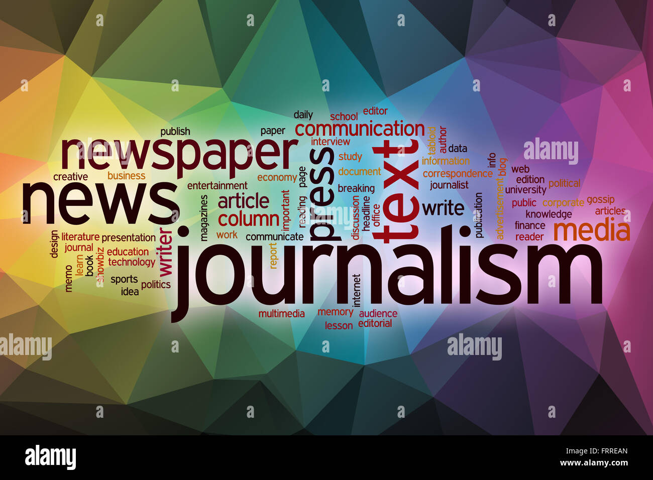 Il giornalismo di parola il concetto di cloud con sfondo astratto Foto Stock