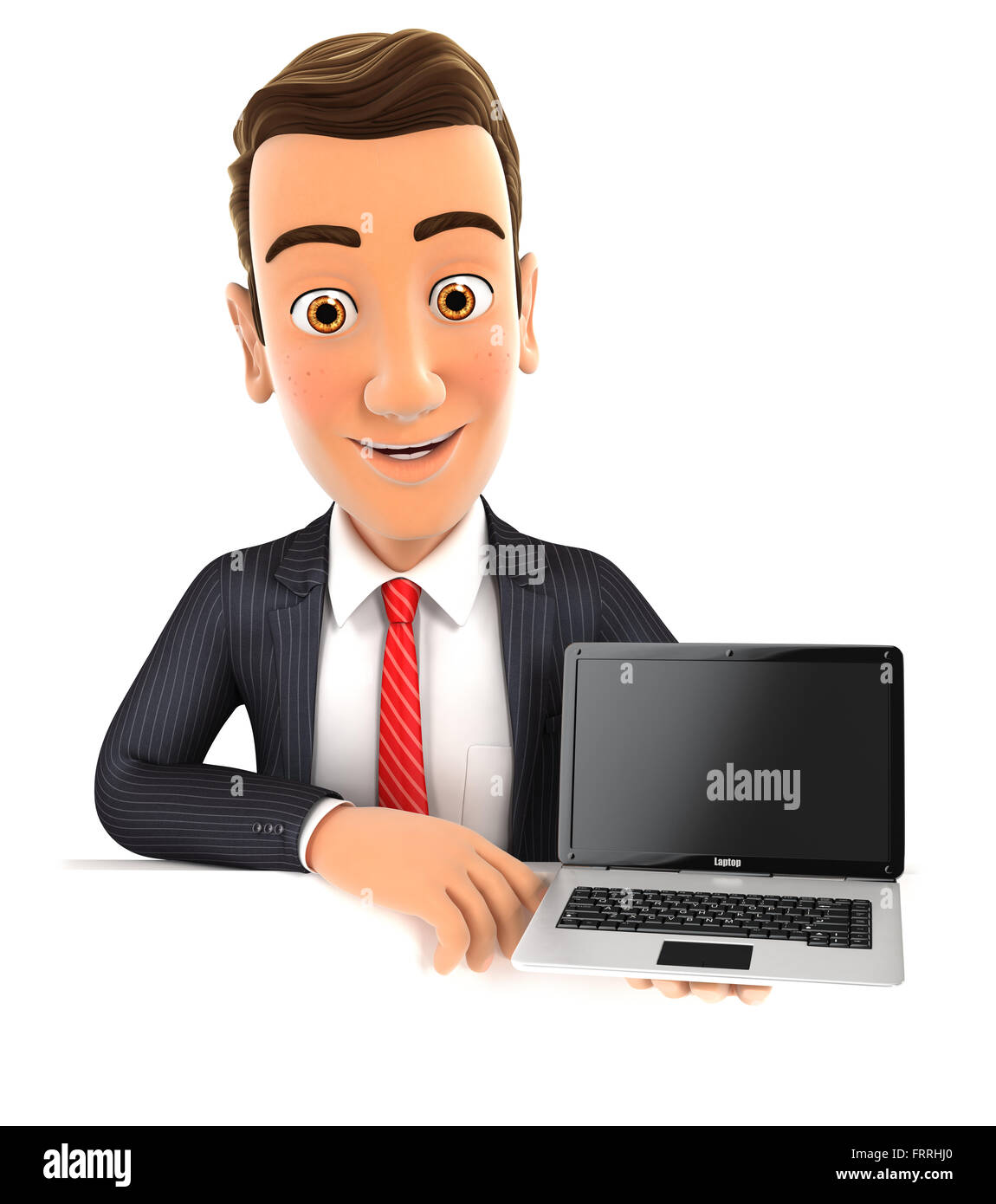 3d uomo d affari dietro la parete di contenimento, laptop isolato sfondo bianco Foto Stock