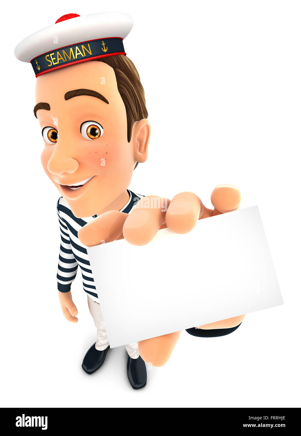 3d marinaio holding company card, isolato sfondo bianco Foto Stock