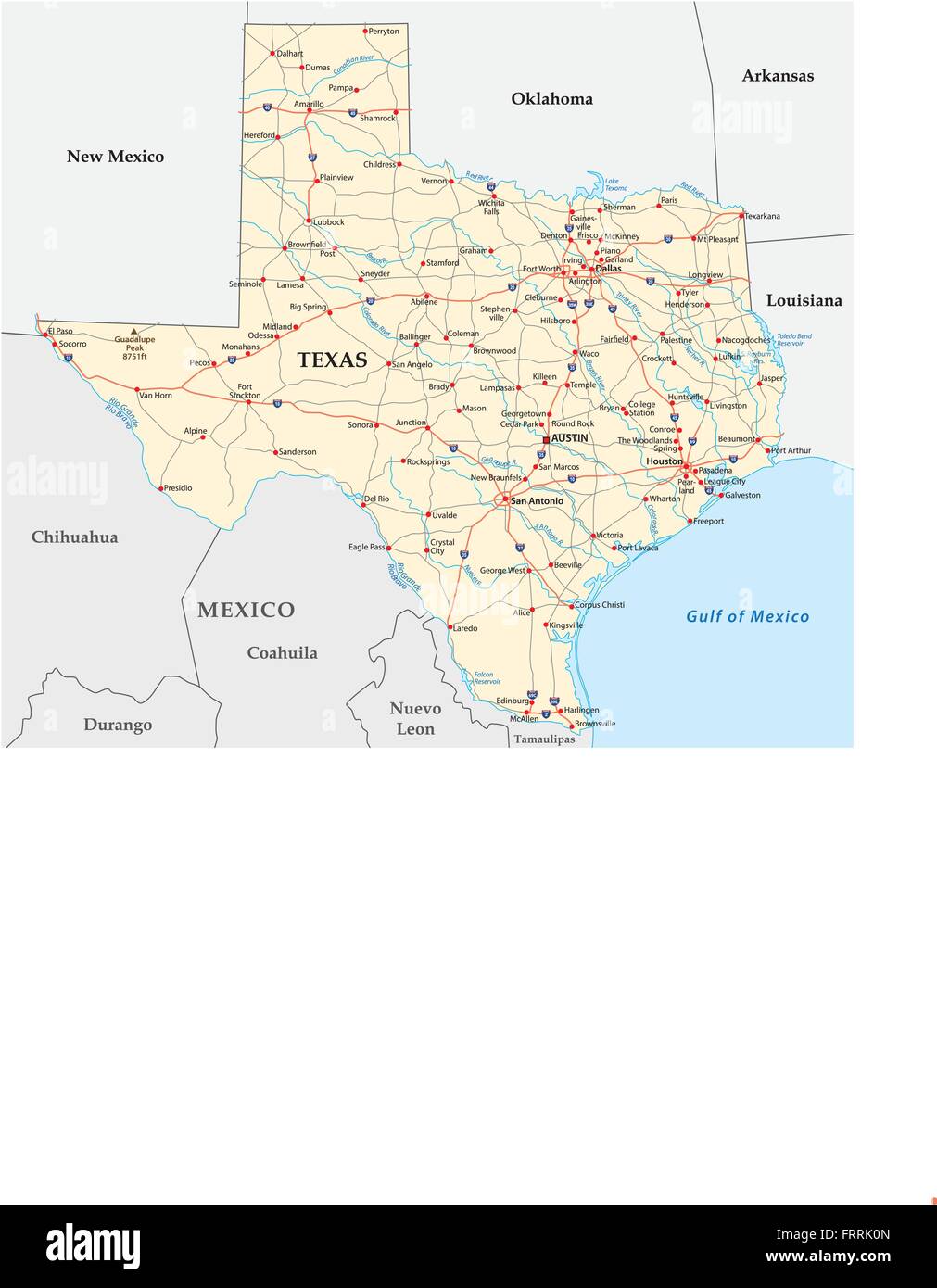 Road map del americano dello Stato federale in Texas Illustrazione Vettoriale