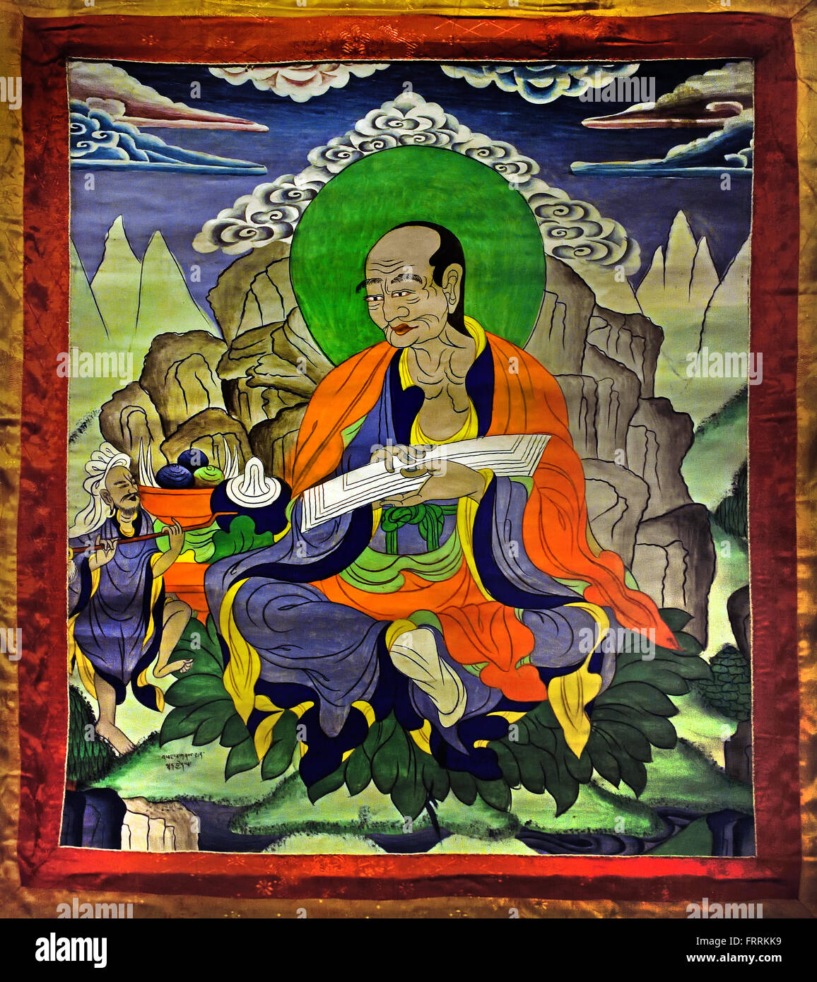 Scroll pittura tibetano, Tibet, Cina thangka, sono visti come i primi grandi discepoli del Buddha. ( Un thangka, variamente spelt come thangka, tangka, thanka, o tanka è un dipinto buddista tibetano su cotone, applicazione di seta, di solito raffigurante una divinità buddista, ) Foto Stock