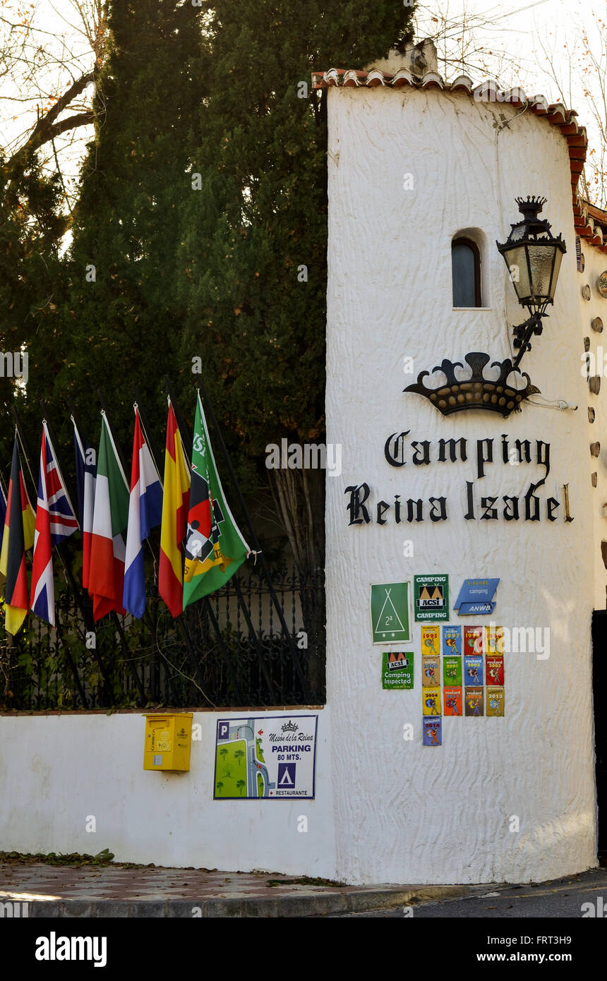 Gateway/ingresso al campeggio Reina Isabel, La Zubia, vicino a Granada, Spagna Foto Stock