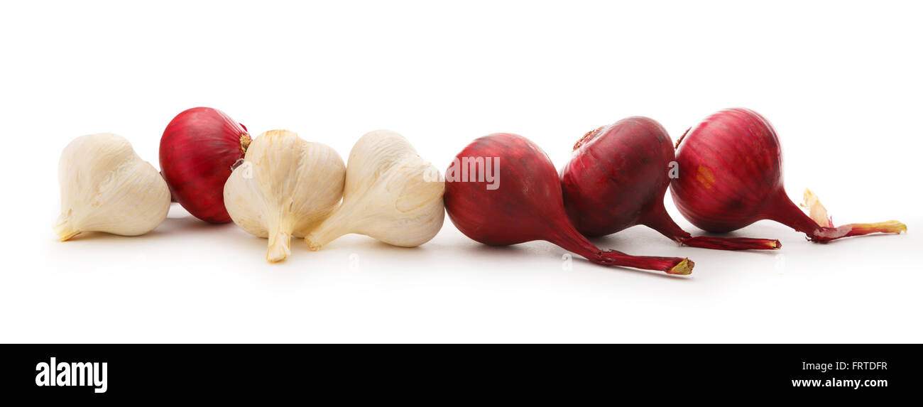 Cipolla e aglio in primo piano isolato su sfondo bianco Foto Stock