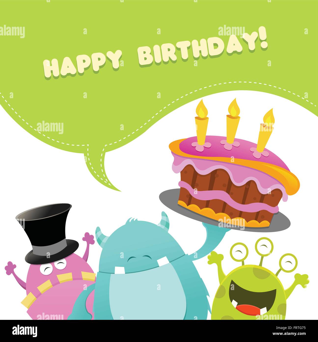 Cartoni animati da party. Simpatici regali di buon compleanno, simpatica  mascotte aliena e mostro con torta di benvenuto. bigfoot, troll e stupidi  giocattoli alieni. ISO Immagine e Vettoriale - Alamy