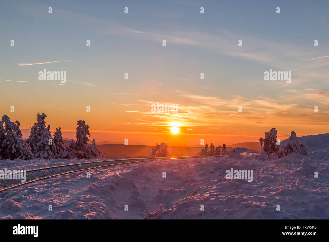Germania, Sassonia-Anhalt, Parco Nazionale di Harz e Brocken, binari di Harz ferrovia a scartamento ridotto in inverno contro il sole di sera Foto Stock