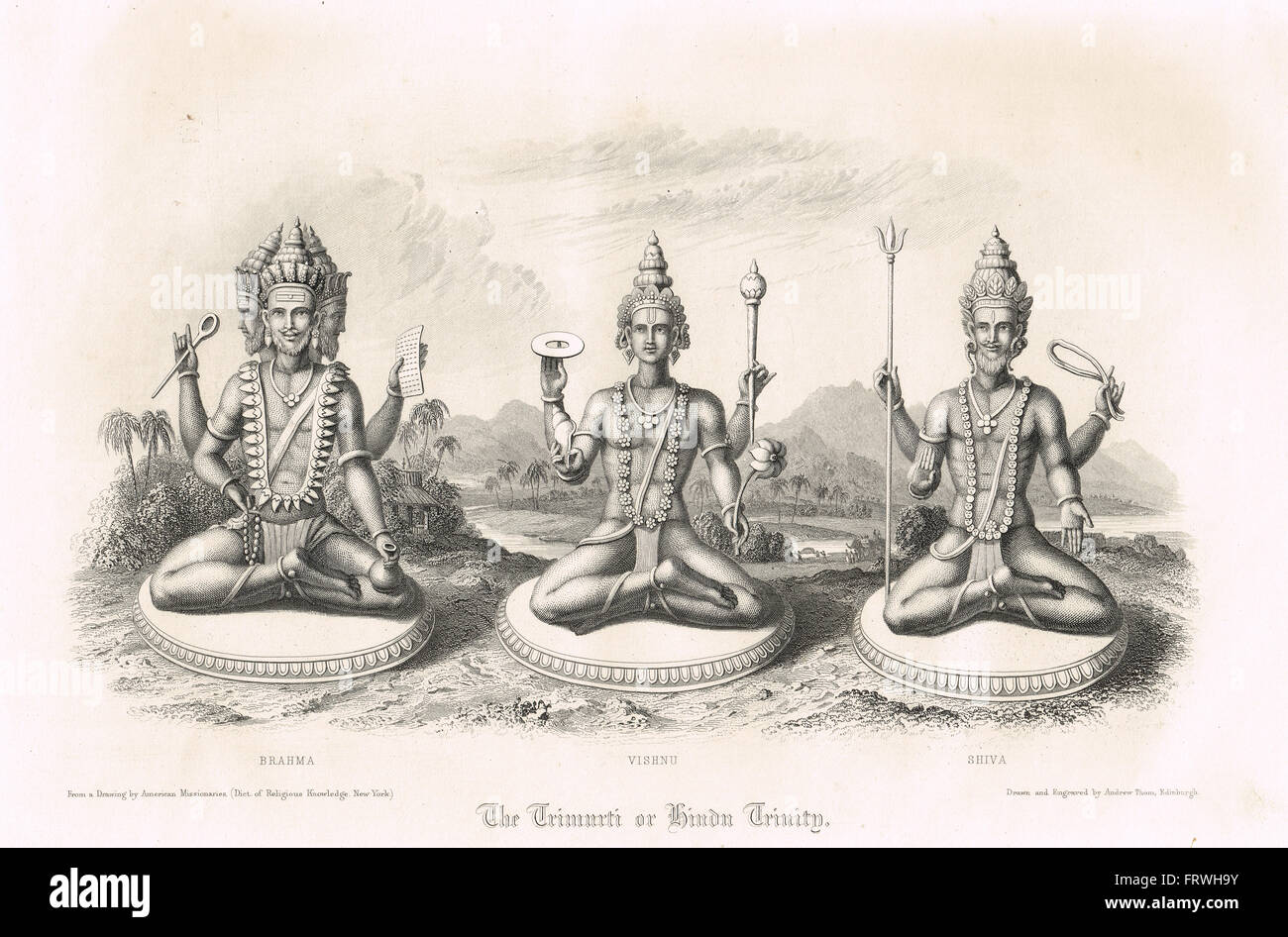 Il Trimurti o trinità indù Brahma Vishnu e Shiva Foto Stock