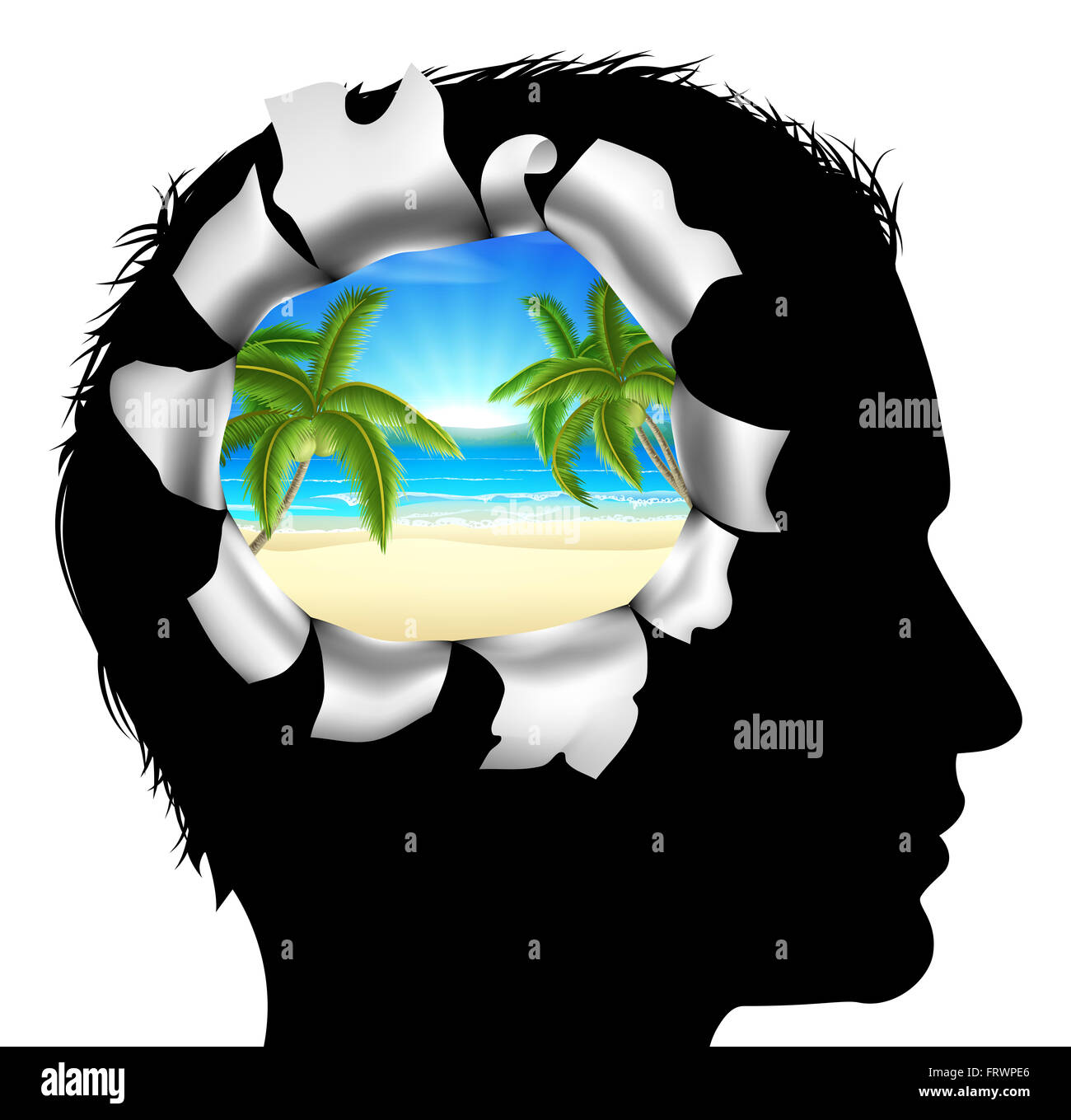 Una testa di uomo in silhouette con una spiaggia tropicale scena di vacanza. Concetto di pensare o sognare di una spiaggia tropicale vacanza Foto Stock
