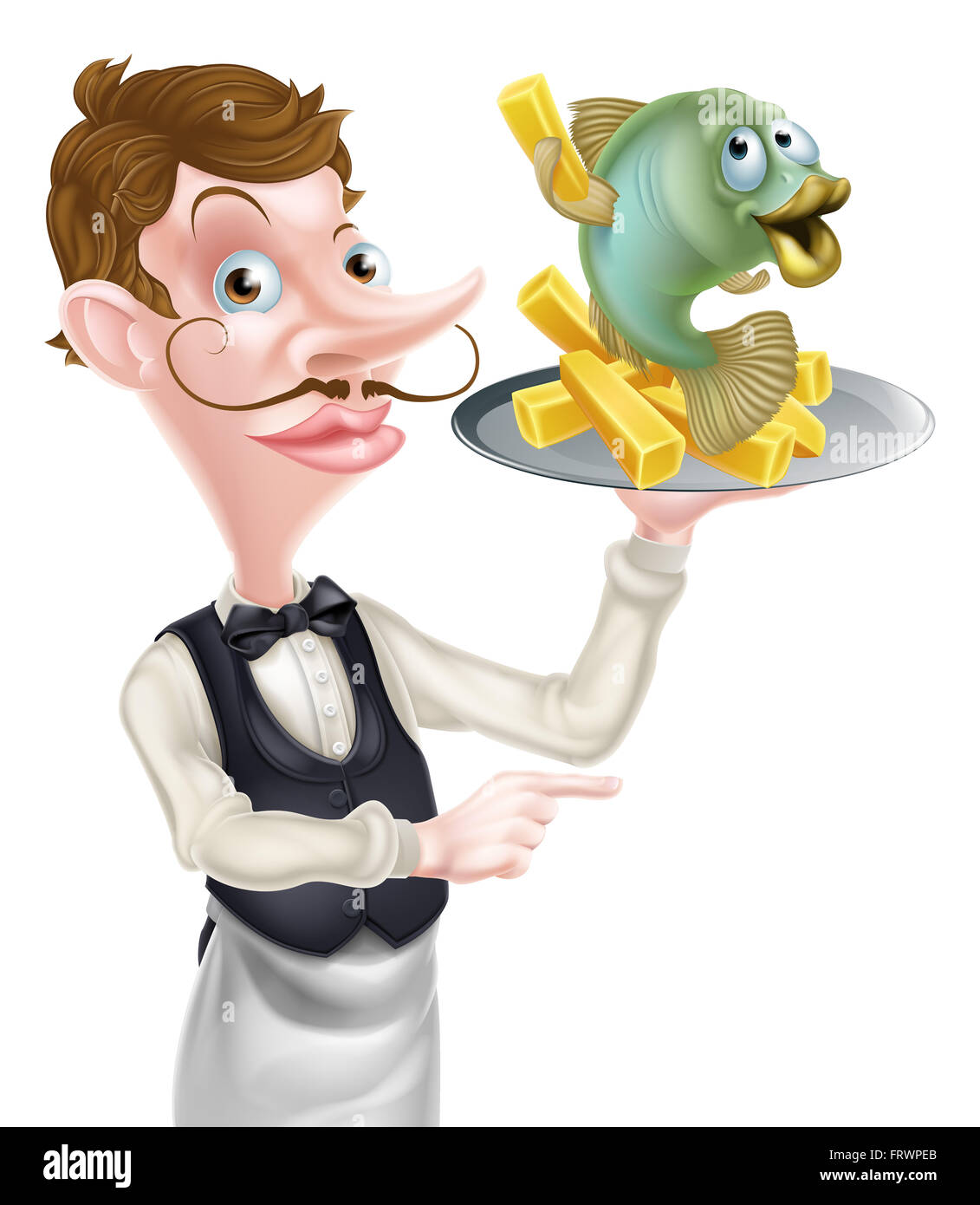 Una illustrazione di un fumetto di pesce e patatine cameriere di puntamento Butler Foto Stock