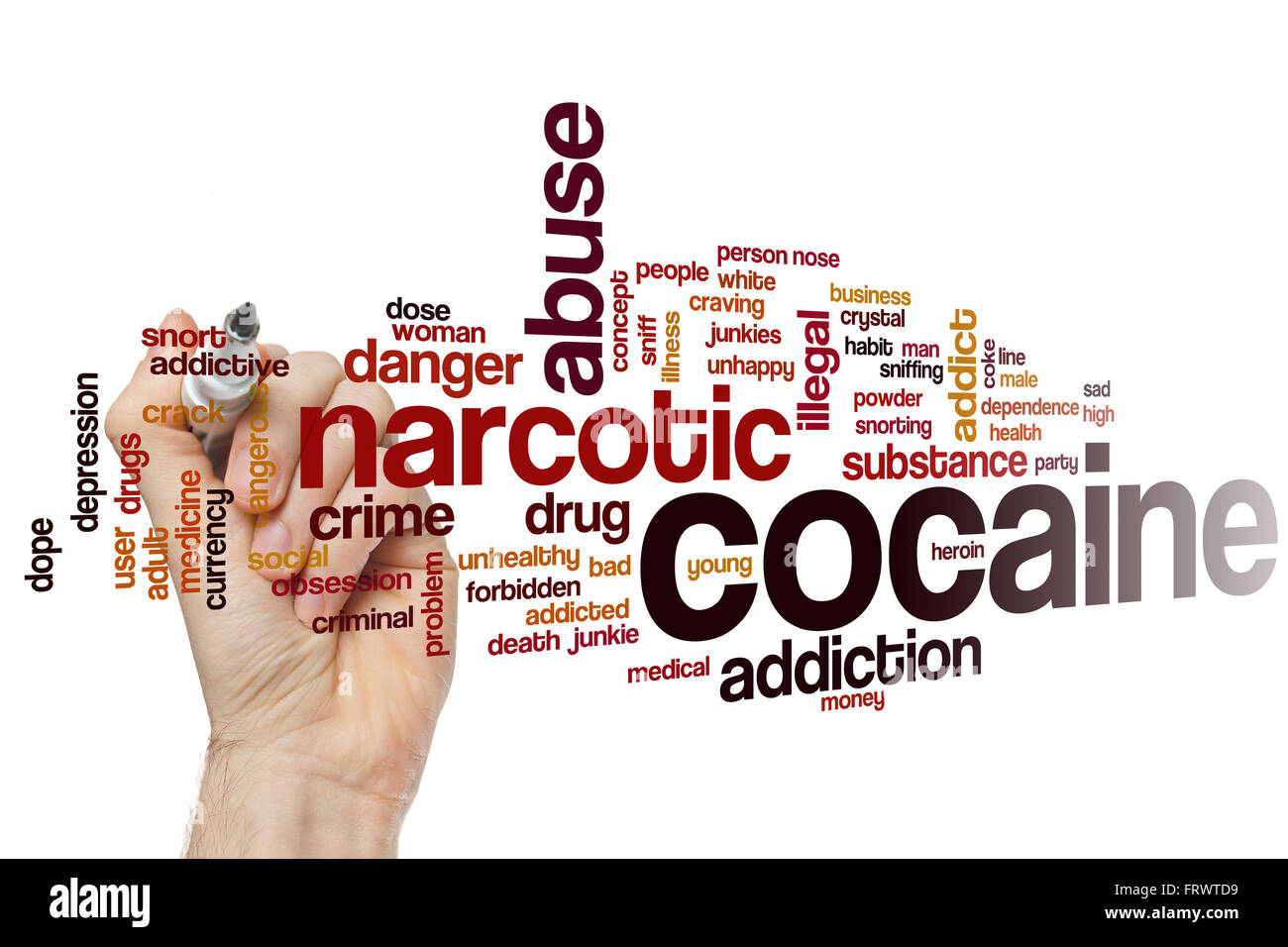 La cocaina parola concetto cloud con abuso di stupefacenti tag correlati Foto Stock