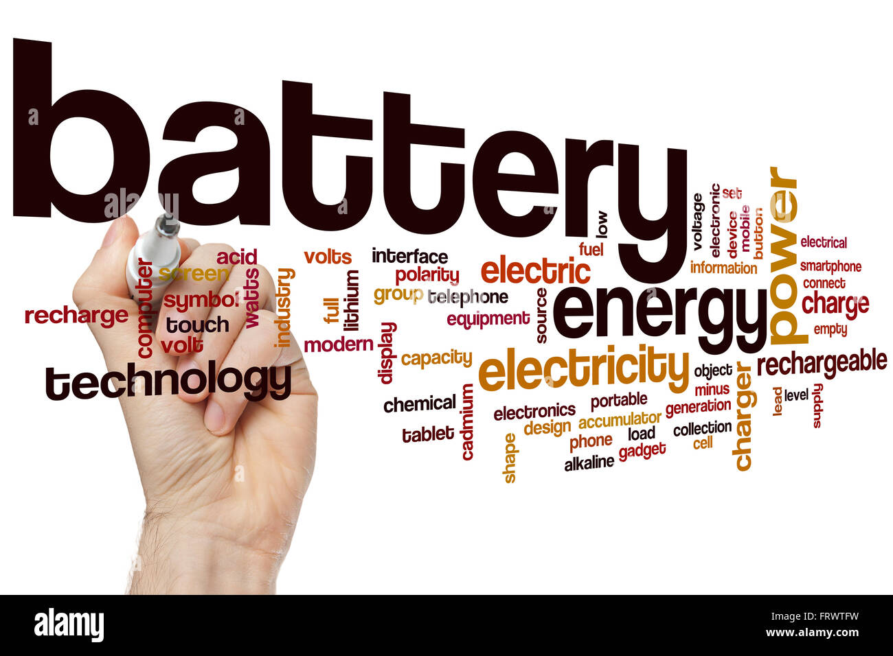 Batteria parola concetto cloud con potenza energetica tag correlati Foto Stock