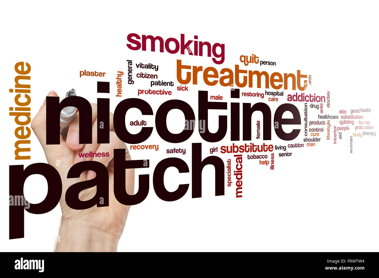 Nicotine patch word concetto cloud con il trattamento del tabacco tag correlati Foto Stock