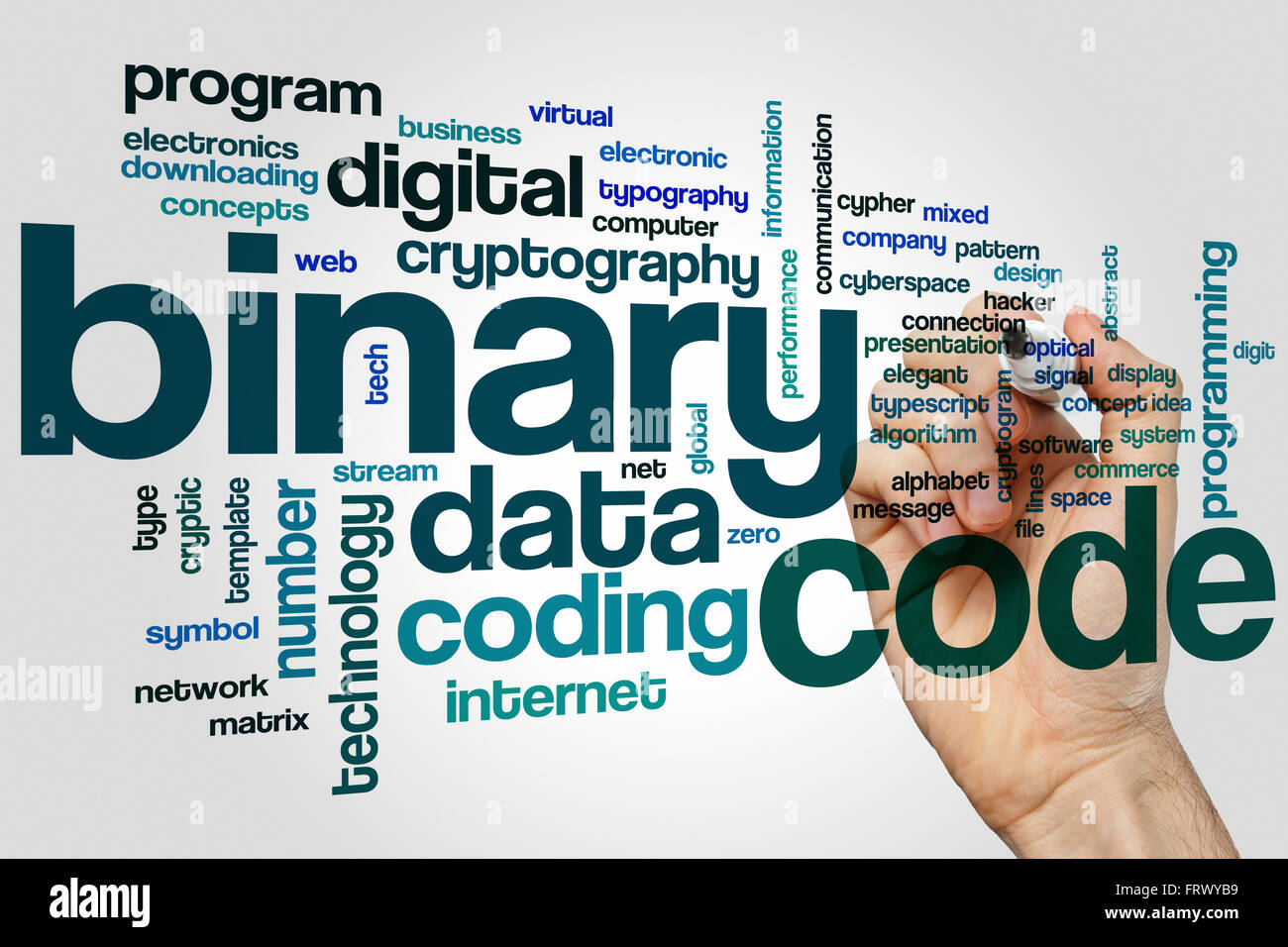 Codice binario word cloud con il concetto di codifica di dati di tag correlati Foto Stock