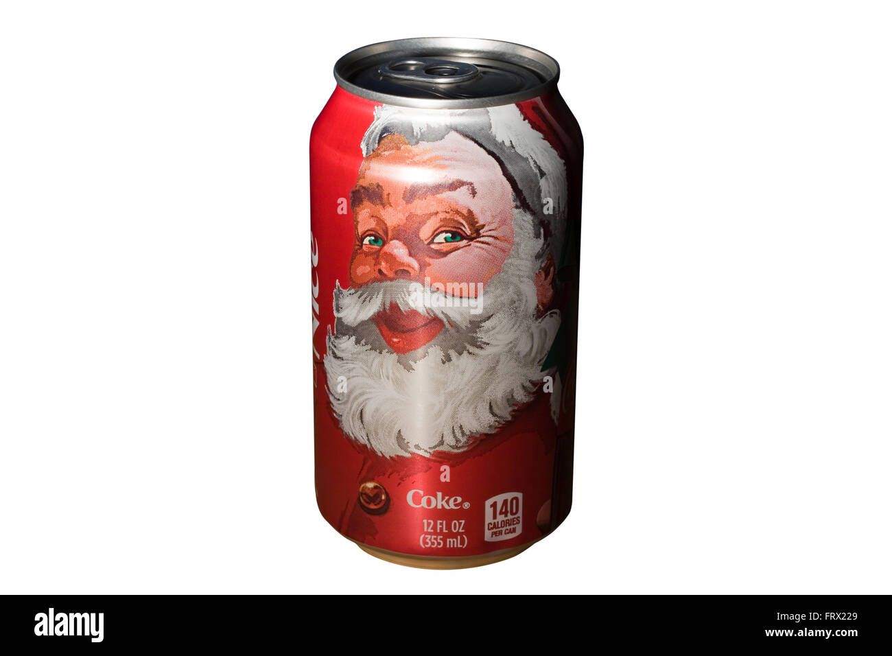 Tagliare fuori. Babbo Natale su un 12oz può di Coca-Cola isolati su sfondo bianco Foto Stock