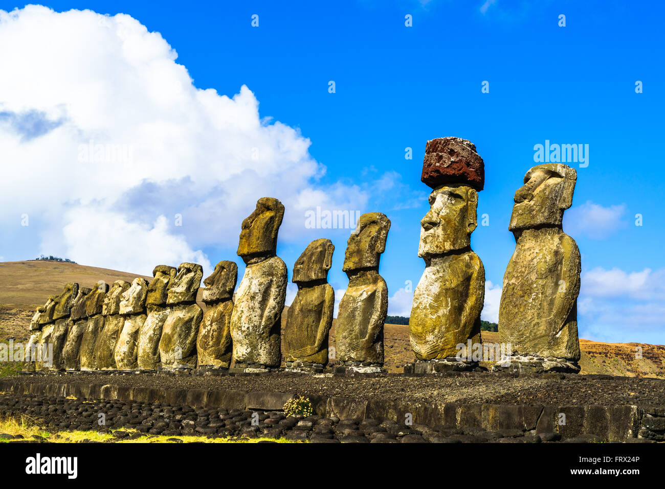 Moai permanente a Ahu Tongariki sull'Isola di Pasqua, Cile Foto Stock