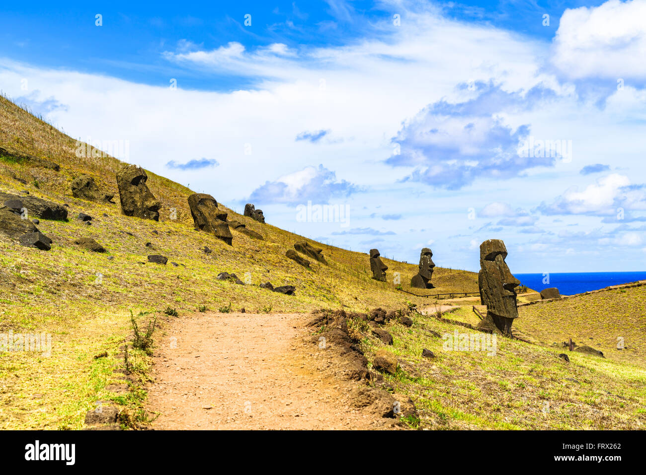 Moai alla cava Rano Raraku nel Parco Nazionale di Rapa Nui, Cile Foto Stock