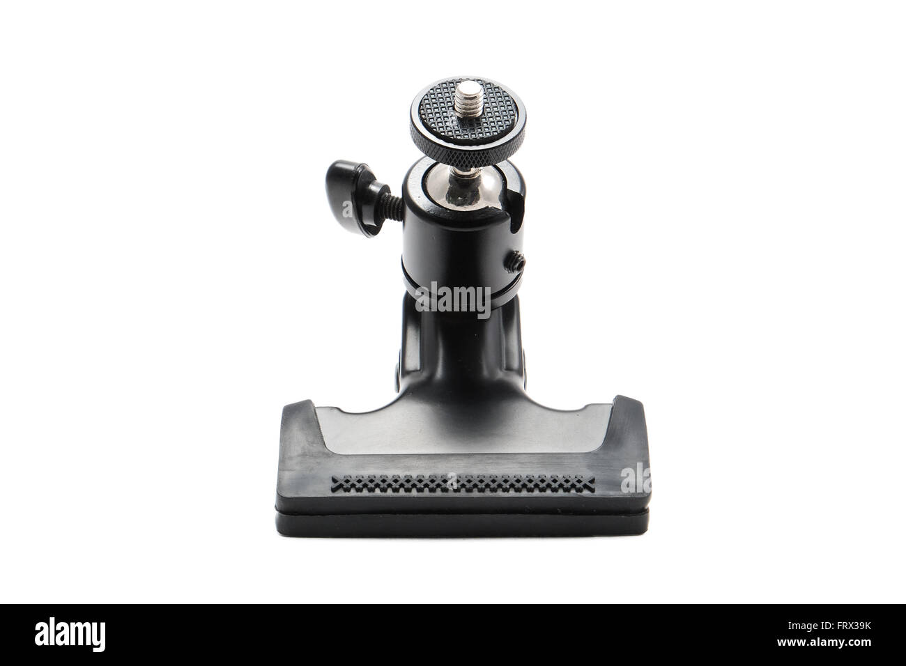 Vista frontale di un nero photo morsetto con labbra in gomma e una filettatura per il fissaggio di apparecchiature fotografiche Foto Stock