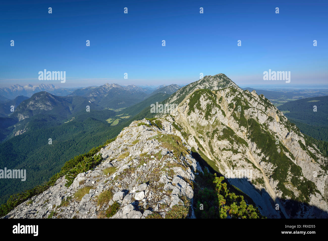 Vista dal Monte Hochstaufen, Chiemgau Alpi, Chiemgau, Alta Baviera, Baviera, Germania Foto Stock