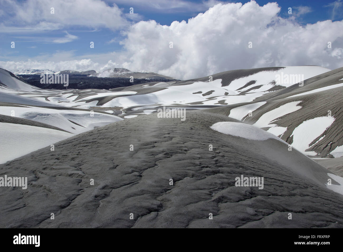 Ceneri vulcaniche e neve in Cordon Caulle, Puyehue, Cile Foto Stock