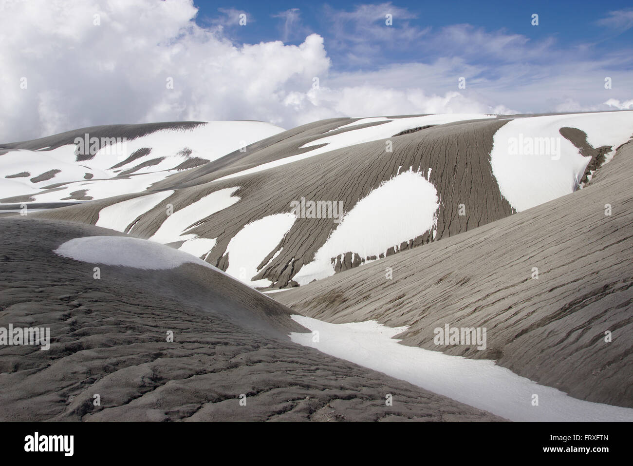 Ceneri vulcaniche e neve in Cordon Caulle, Puyehue, Cile Foto Stock