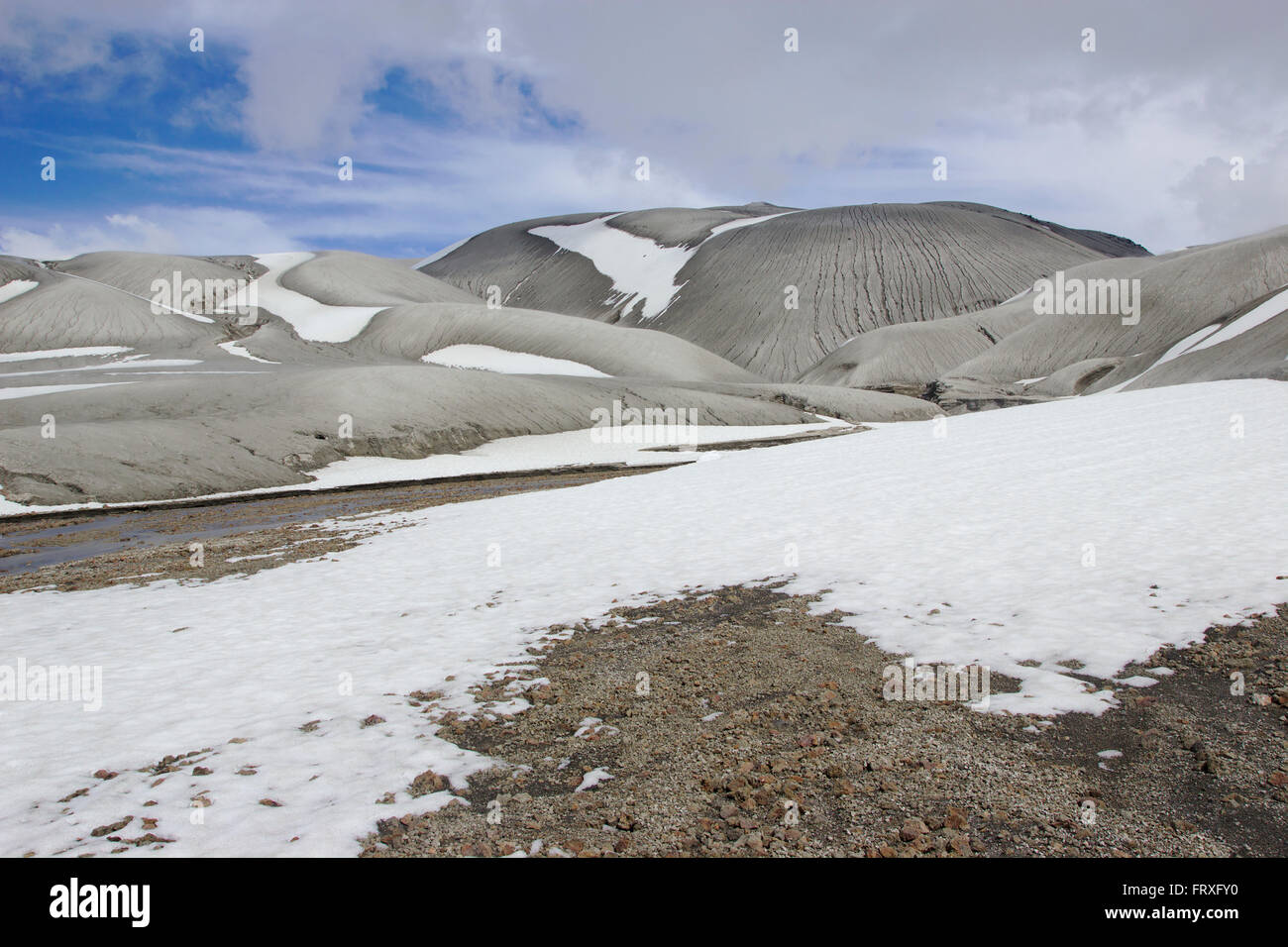 Ceneri vulcaniche e neve in Cordon Caulle, Puyehue, Cile Foto Stock