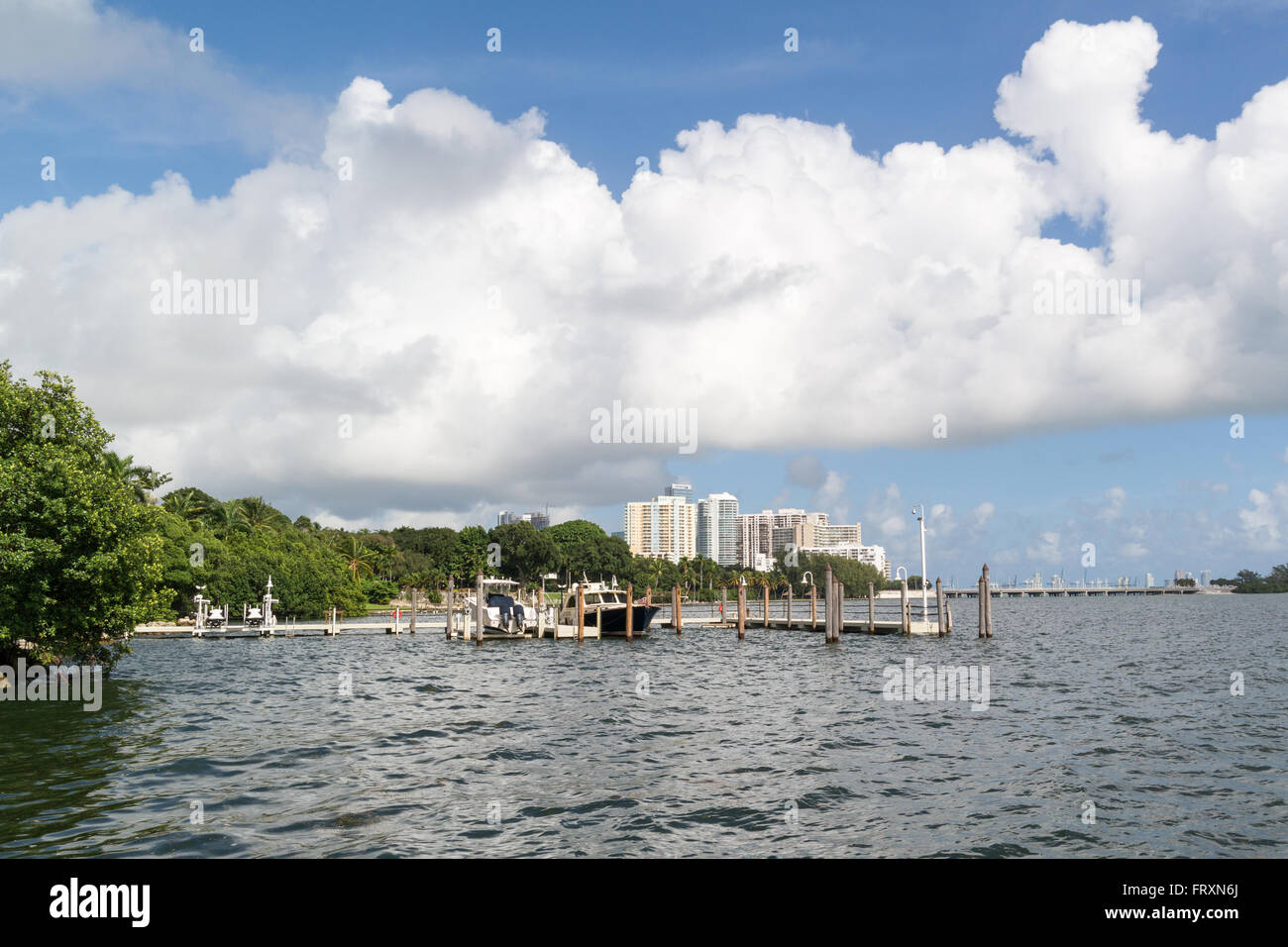 Pontile con le barche nella baia di Biscayne, Coconut Grove, Miami, Florida, Stati Uniti d'America Foto Stock