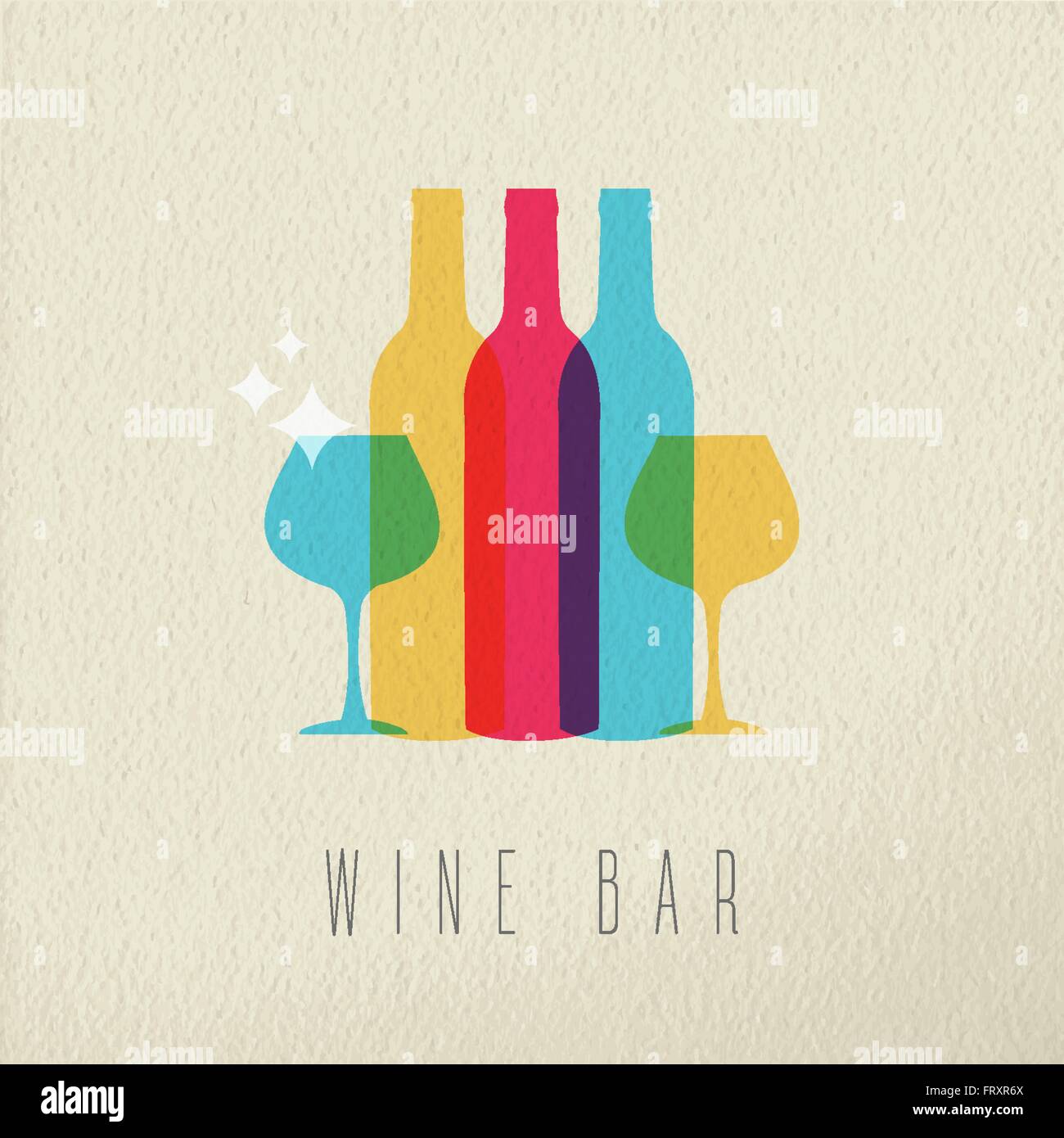 Wine bar concetto icona, illustrazione di eleganti bottiglie di bevande in vetro e in un colorato stile trasparente su sfondo di texture. Illustrazione Vettoriale