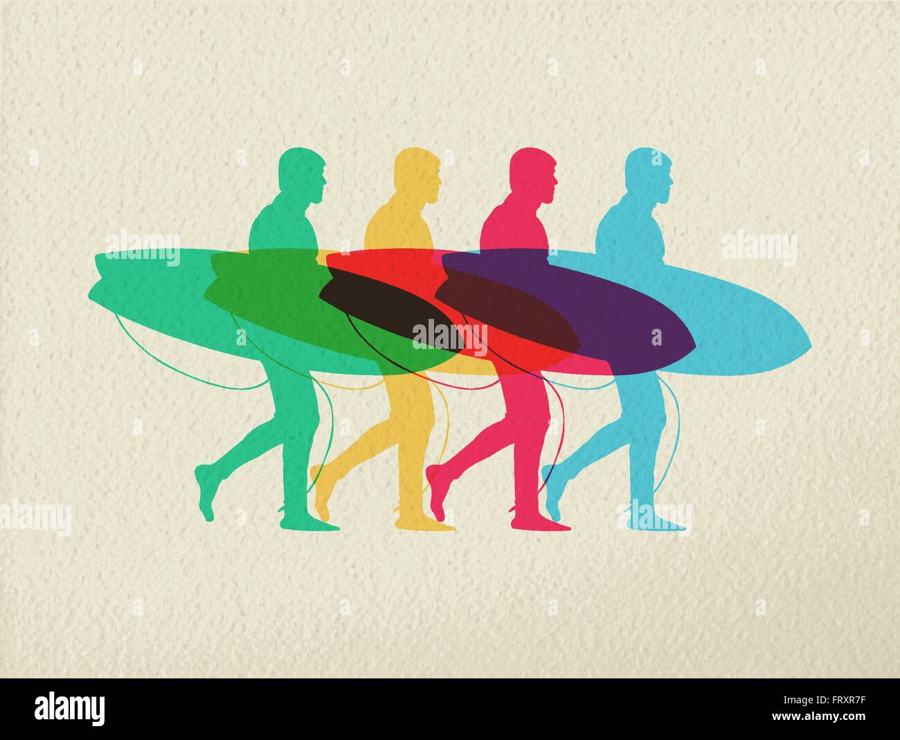 Fare surf estate concept design, sport silhouette uomo a camminare con la tavola da surf. Stile colorato su sfondo di texture. EPS10 Illustrazione Vettoriale