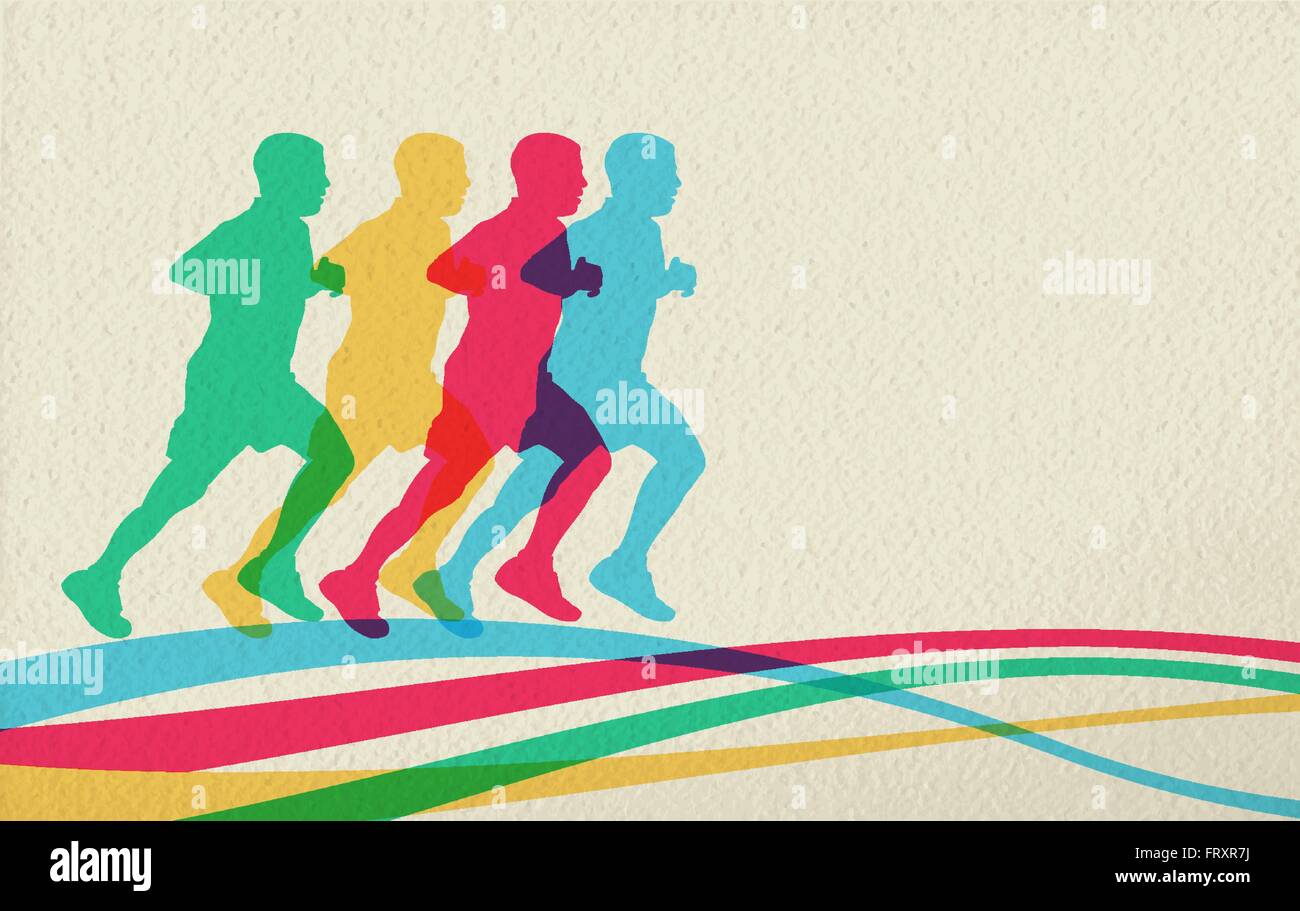 Sport concetto lo sfondo con il popolo uomini silhouette in esecuzione Gara marathon, un disegno a colori su carta texture. EPS10 vettore. Illustrazione Vettoriale