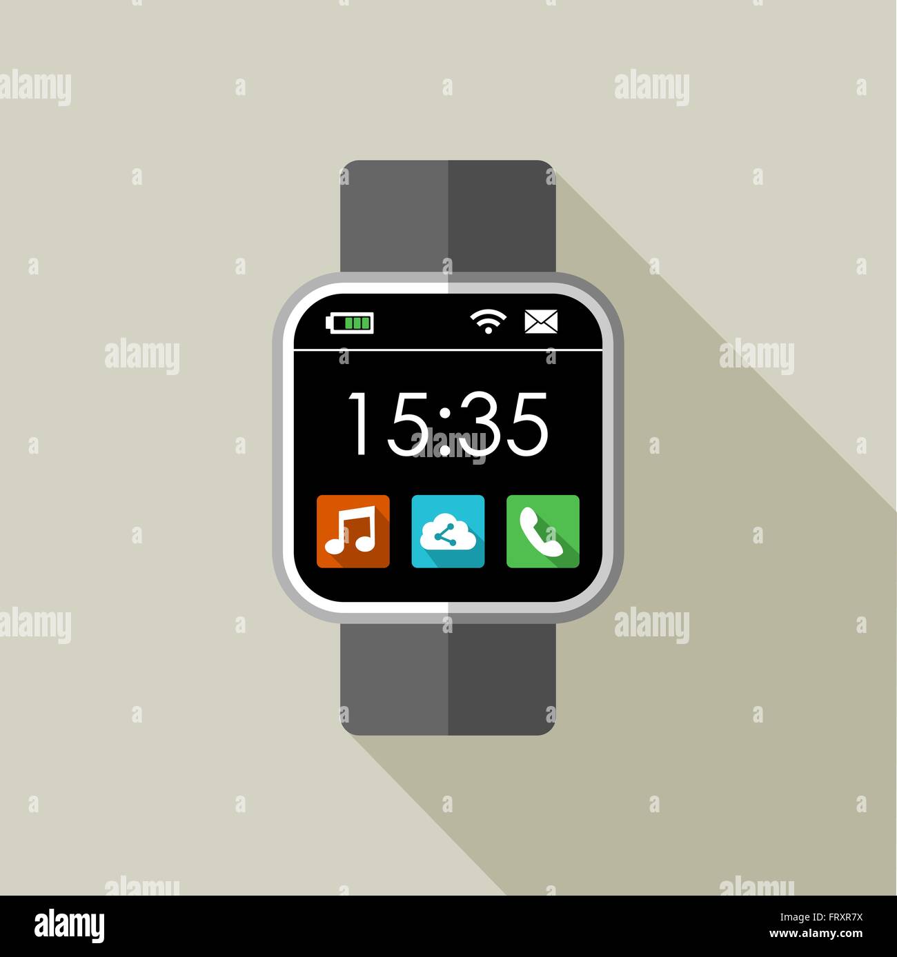 Moderne smart watch illustrazione nella piana di stile arte con icona sociale sullo schermo e display del tempo. EPS10 vettore. Illustrazione Vettoriale