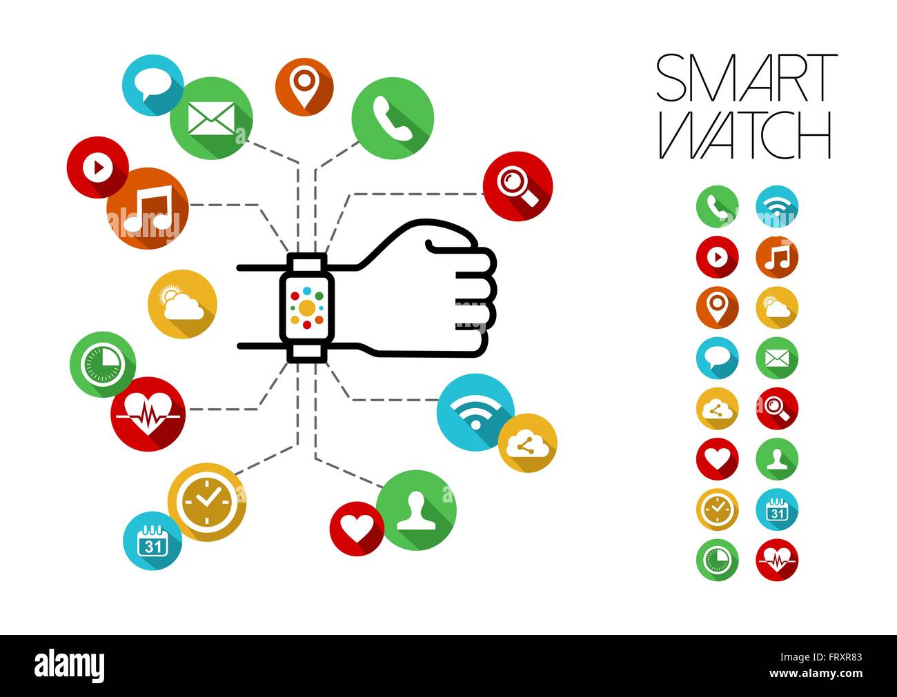 Concept design illustrazione della mano umana indossando smart orologio in stile contorno con piatti colorati arte le icone delle app. EPS10 vettore. Illustrazione Vettoriale