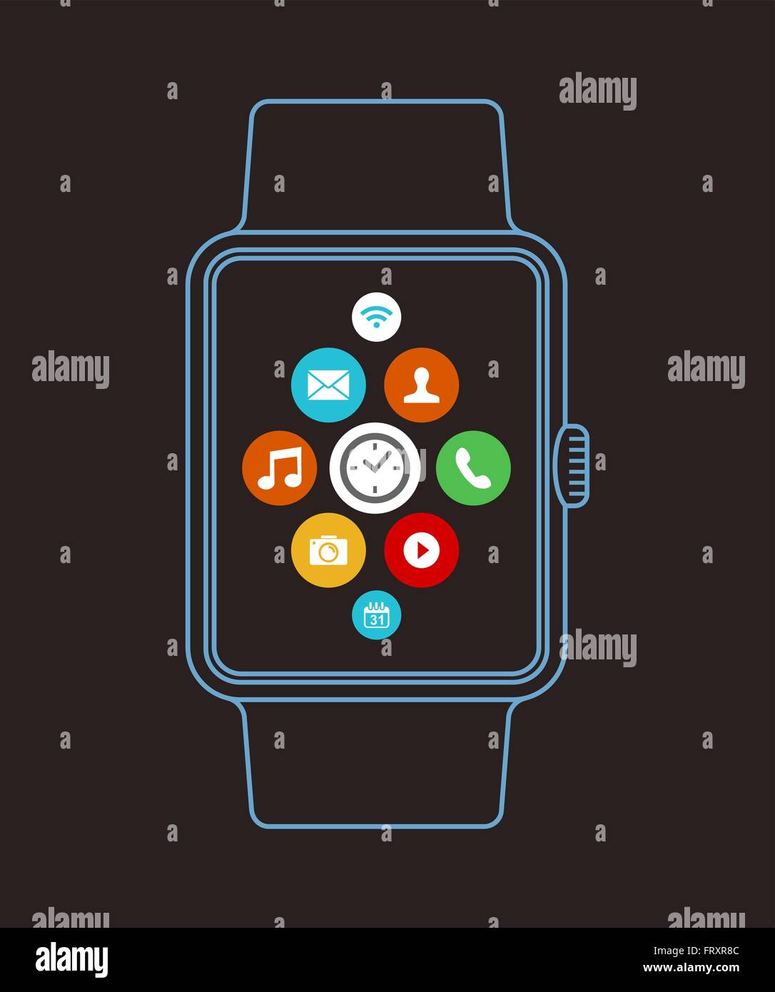 Semplice orologio smart design in moderno stile di contorno con colorati sociale le icone delle app sulla schermata. EPS10 vettore. Illustrazione Vettoriale