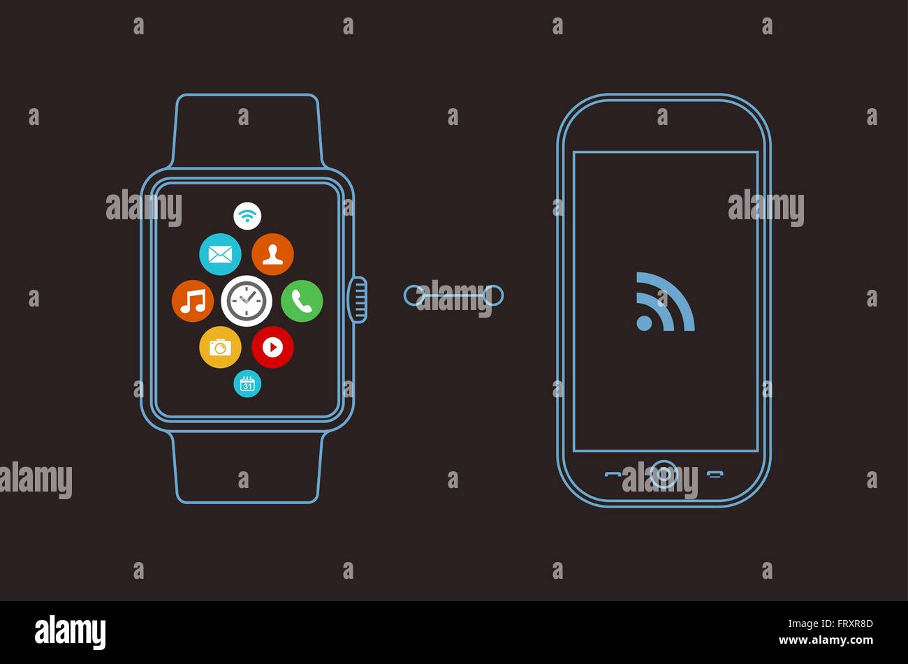 Concetto illustrazione di smart watch e telefono cellulare con app sociale icone sullo schermo nella linea di contorno stile d'arte. EPS10 vettore. Illustrazione Vettoriale