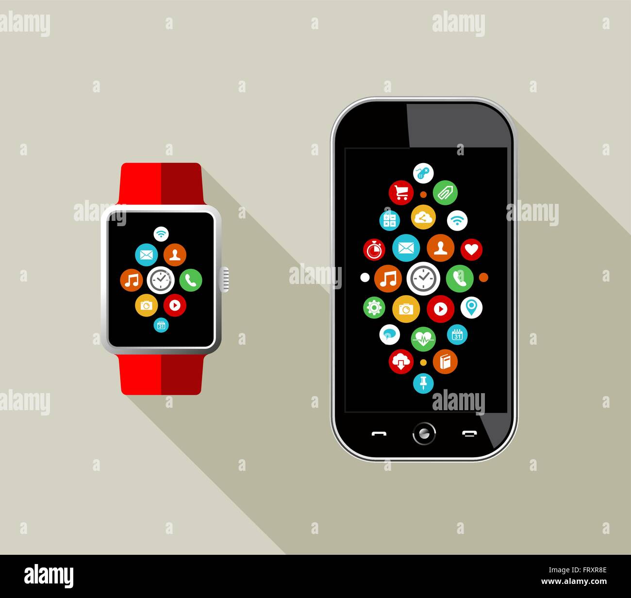Appartamento moderno stile arte illustrazione di smart watch e telefono cellulare con app sociale icone sullo schermo. EPS10 vettore. Illustrazione Vettoriale