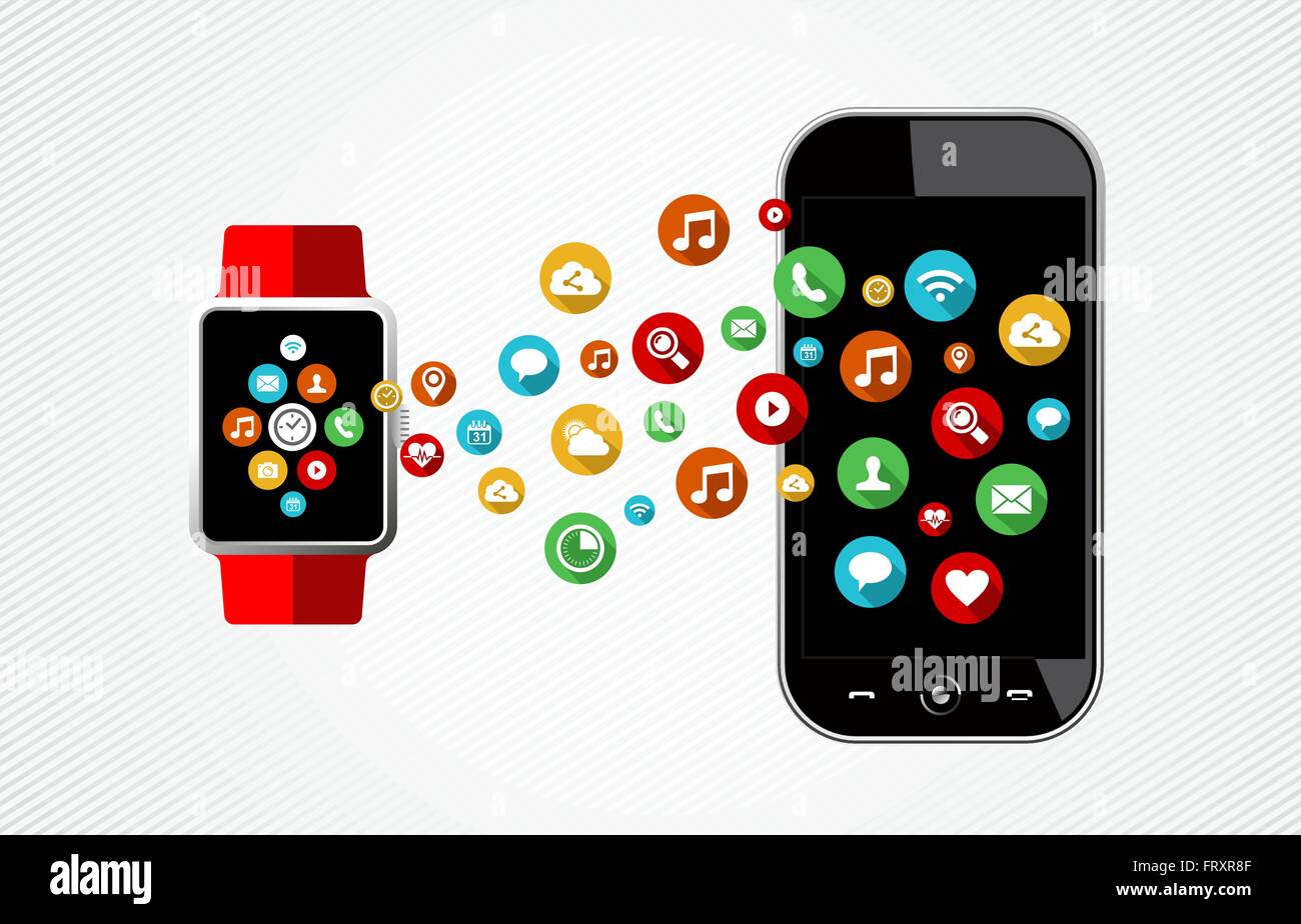 Concetto piatto stile arte illustrazione di smart watch e il telefono cellulare con coloratissime icone delle app il collegamento su schermi. EPS10 vettore. Illustrazione Vettoriale