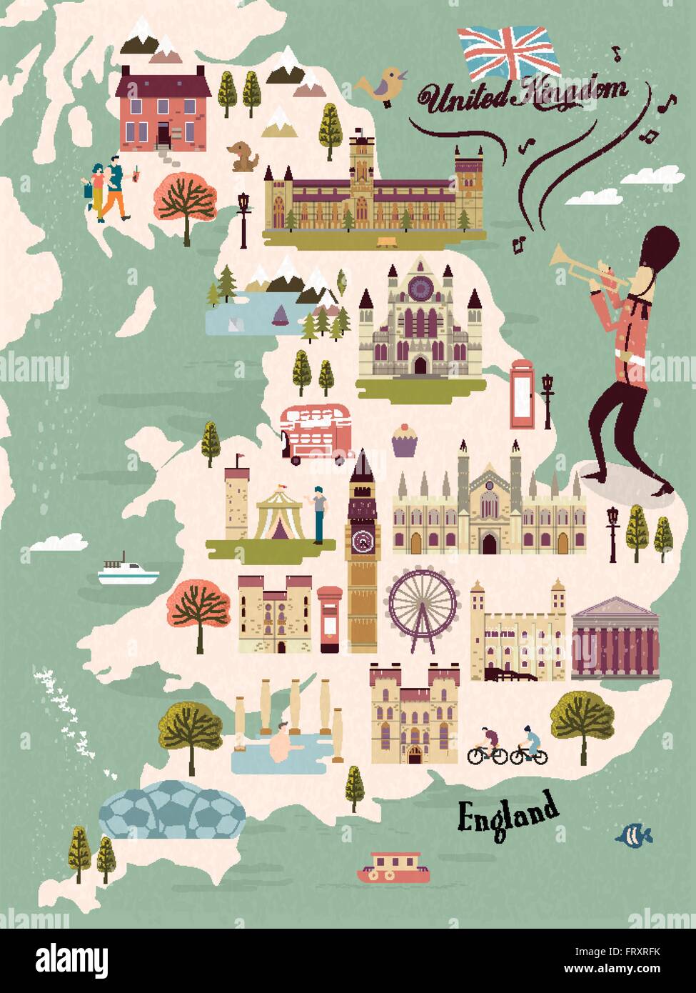 Adorabili Regno Unito mappa di viaggio con attrazioni Illustrazione Vettoriale