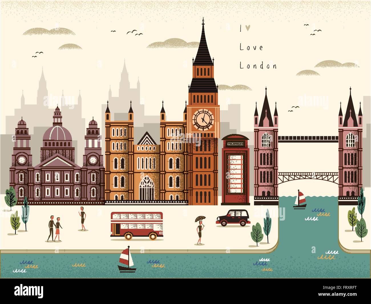Attraente London travel scenario illustrazione in stile piatto Illustrazione Vettoriale