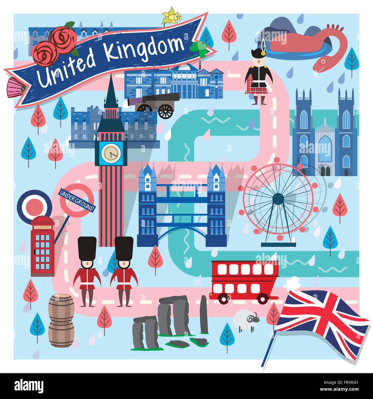 Incantevole Regno Unito mappa di viaggio con attrazioni Illustrazione Vettoriale