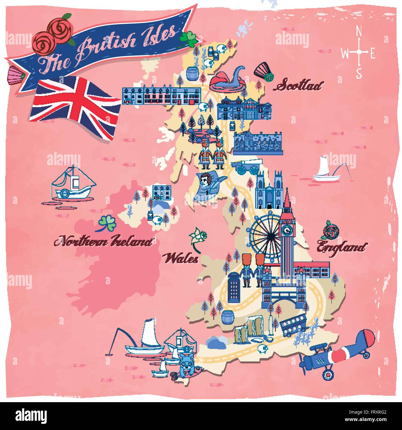 Incantevole Regno Unito mappa di viaggio design con attrazioni Illustrazione Vettoriale