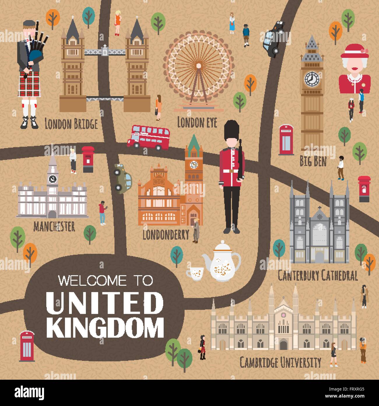 Adorable del Regno Unito a piedi mappa design con attrazioni Illustrazione Vettoriale
