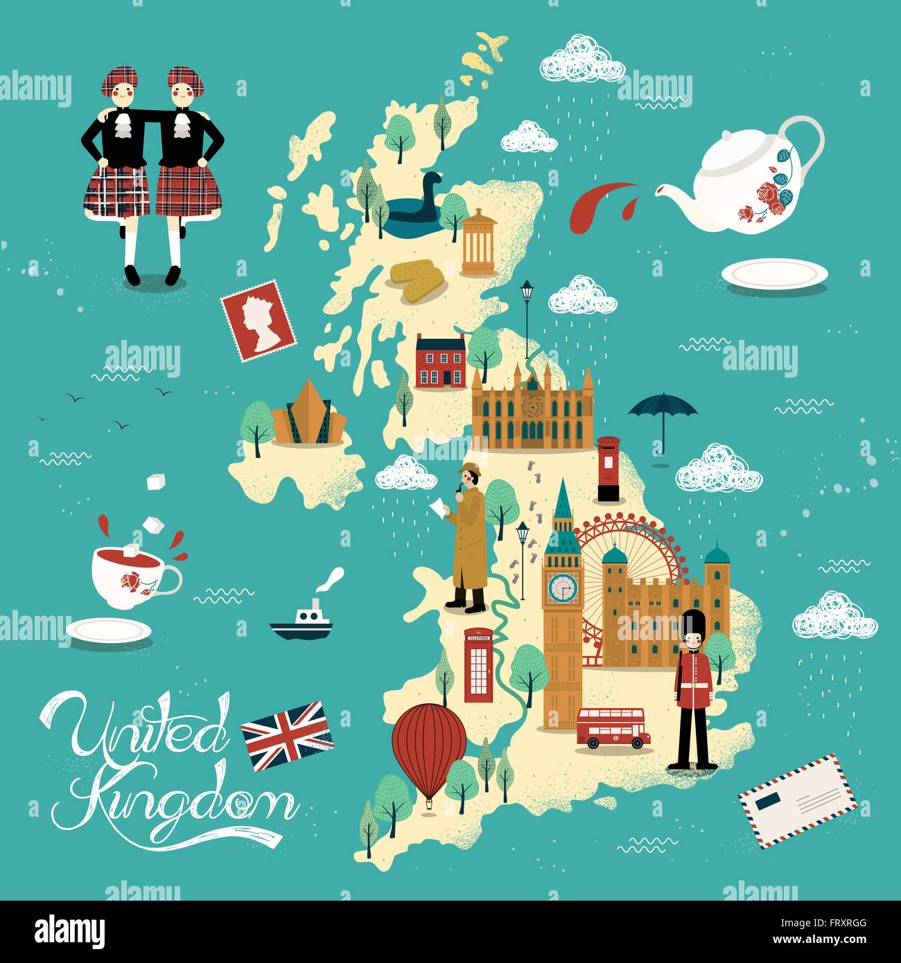 Incantevole Regno Unito mappa di viaggio design con attrazioni Illustrazione Vettoriale