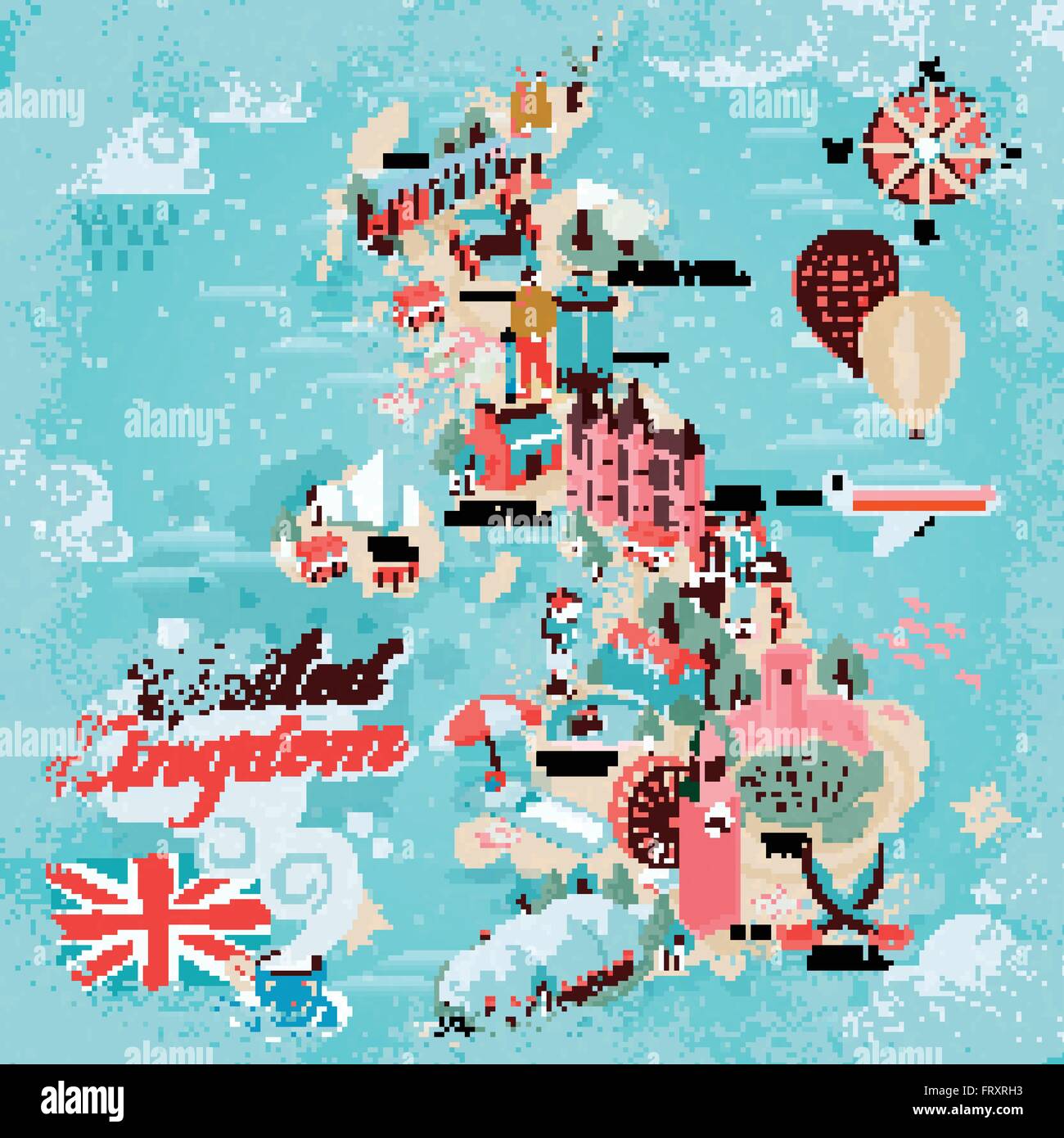 Attraente Regno Unito mappa di viaggio con attrazioni Illustrazione Vettoriale