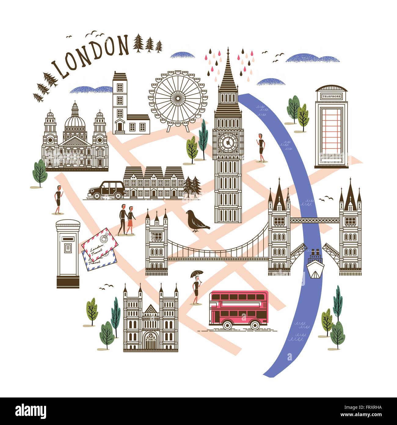 Bella Londra mappa a piedi in uno stile piatto Illustrazione Vettoriale