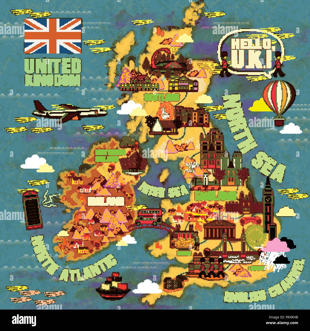 Incantevole Regno Unito mappa di viaggio con icona di attrazioni Illustrazione Vettoriale