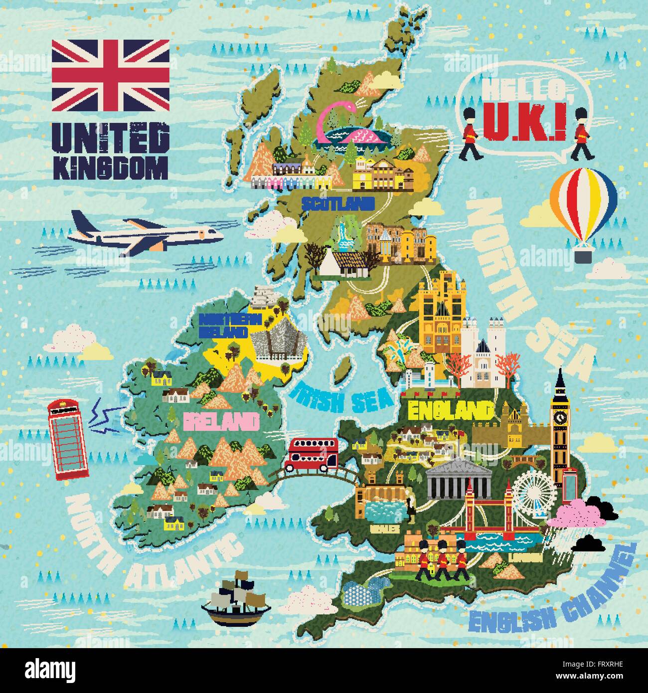 Incantevole Regno Unito mappa di viaggio con icona di attrazioni Illustrazione Vettoriale