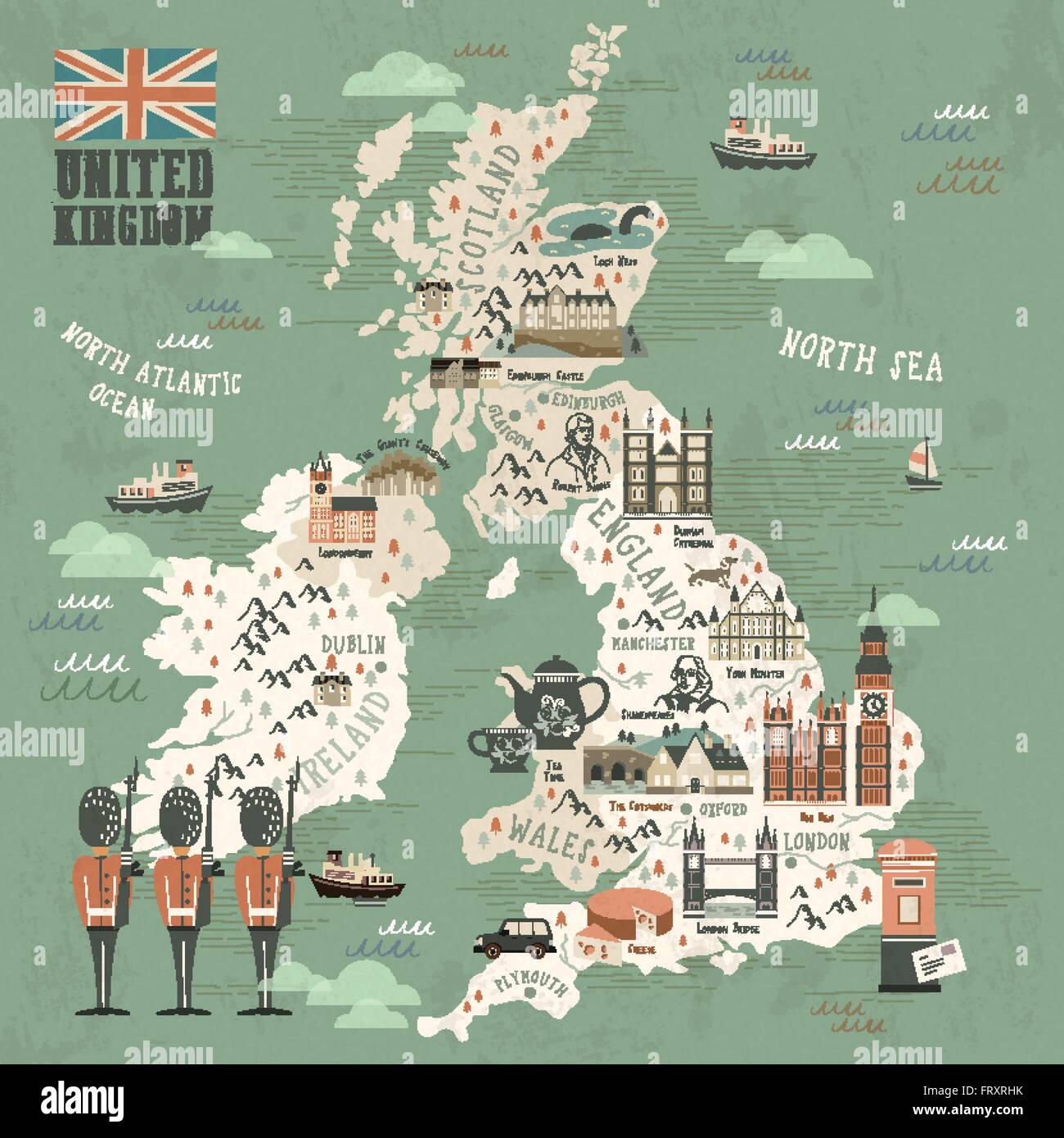 Elegante Regno Unito attrazioni mappa di viaggio in uno stile piatto Illustrazione Vettoriale