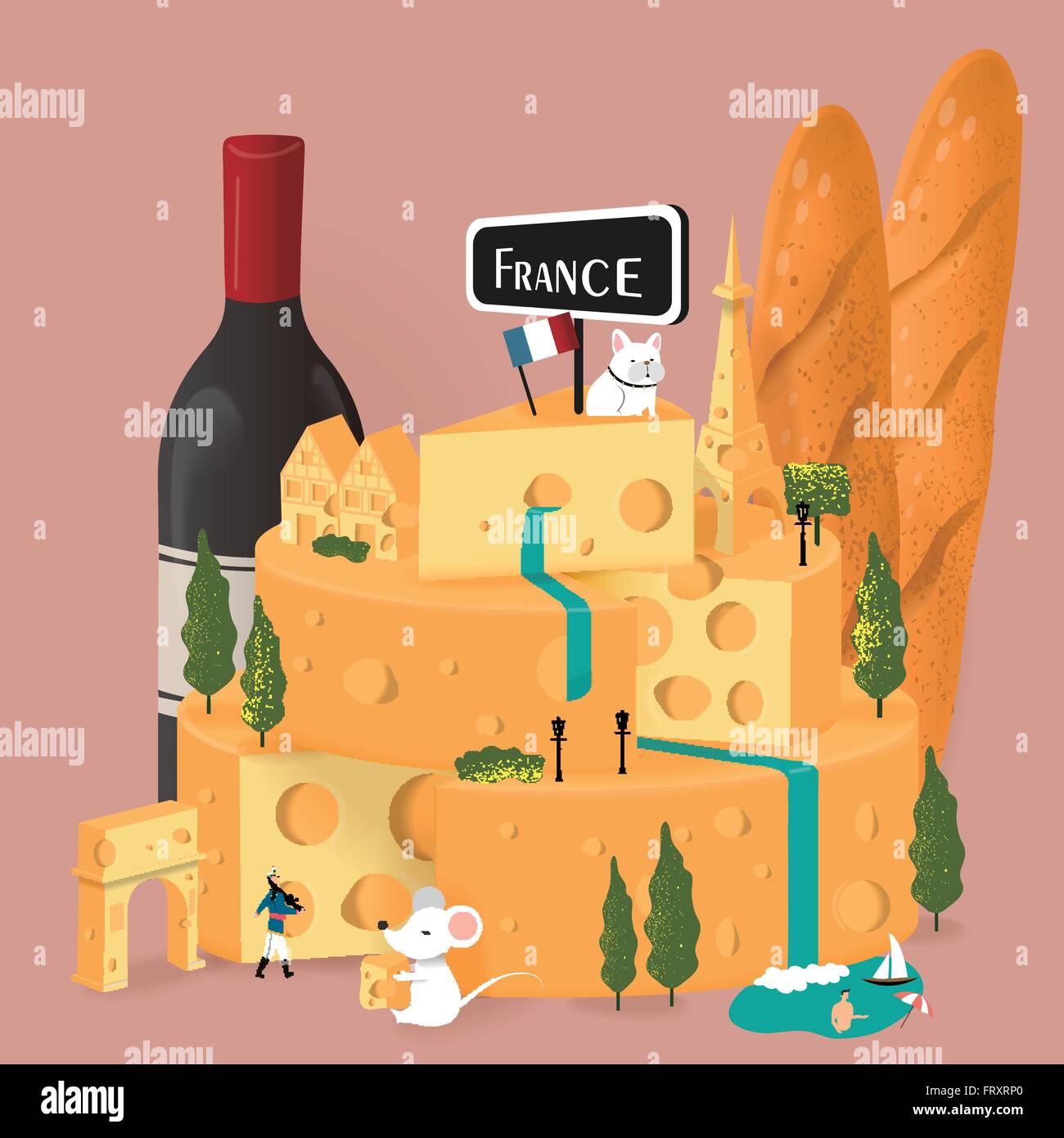 Bel viaggio Francia poster con delizioso formaggio castello Illustrazione Vettoriale