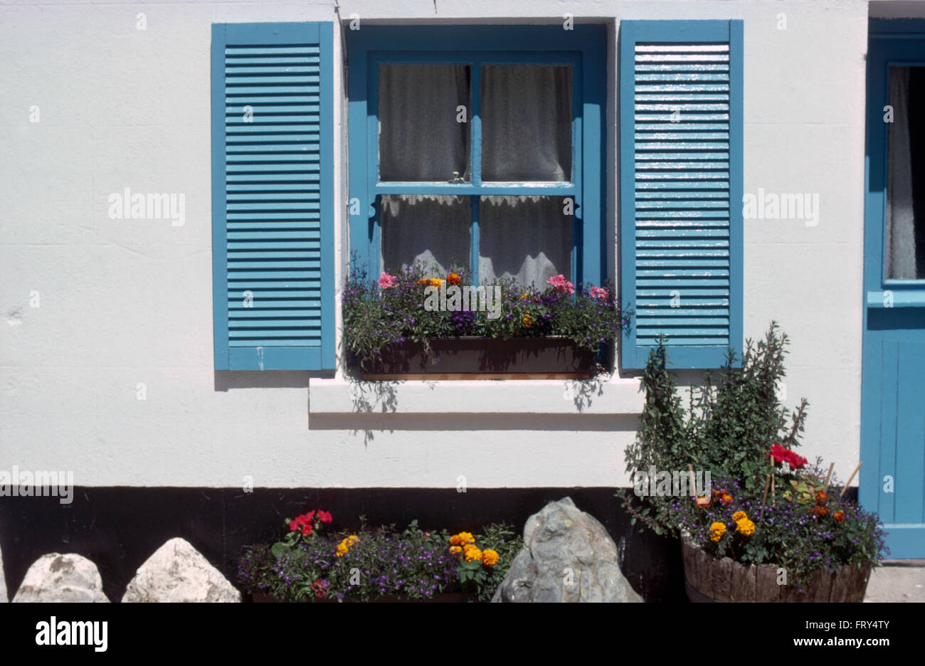 Esterno di un cottage con blu persiane louvre Foto Stock