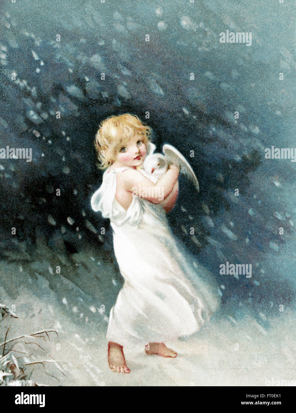 La didascalia per questa illustrazione si legge: i piedi del Cristo Bambino autunno mite e bianco. Qui un angelo porta una colomba. La scena è in inverno e accompagnato Phillips Brooks le poesie. Brooks è stato un ministro vescovili a Boston nel tardo Ottocento. Foto Stock